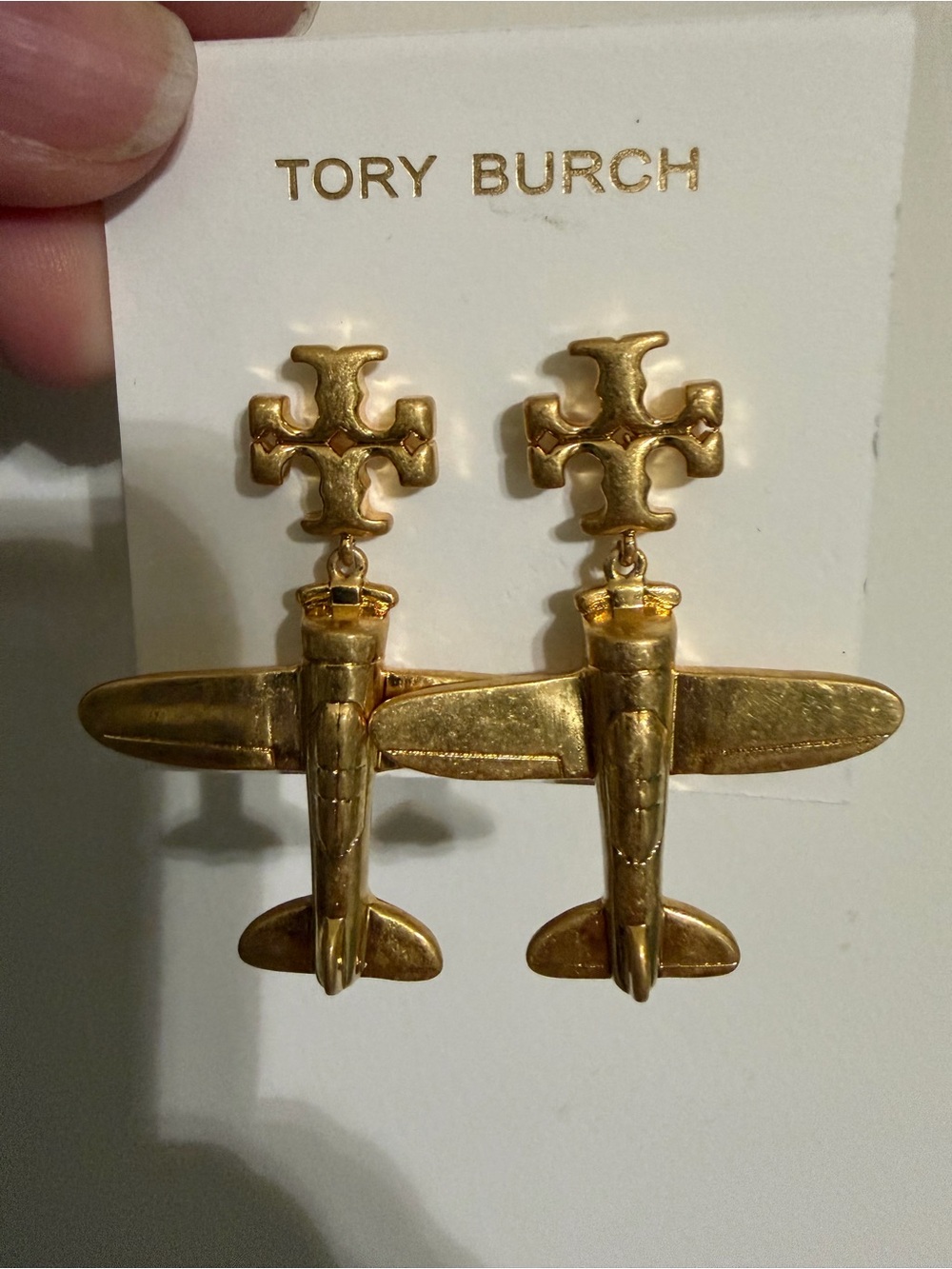 Tory Burch Gold Airplane Drop Logo Earrings
